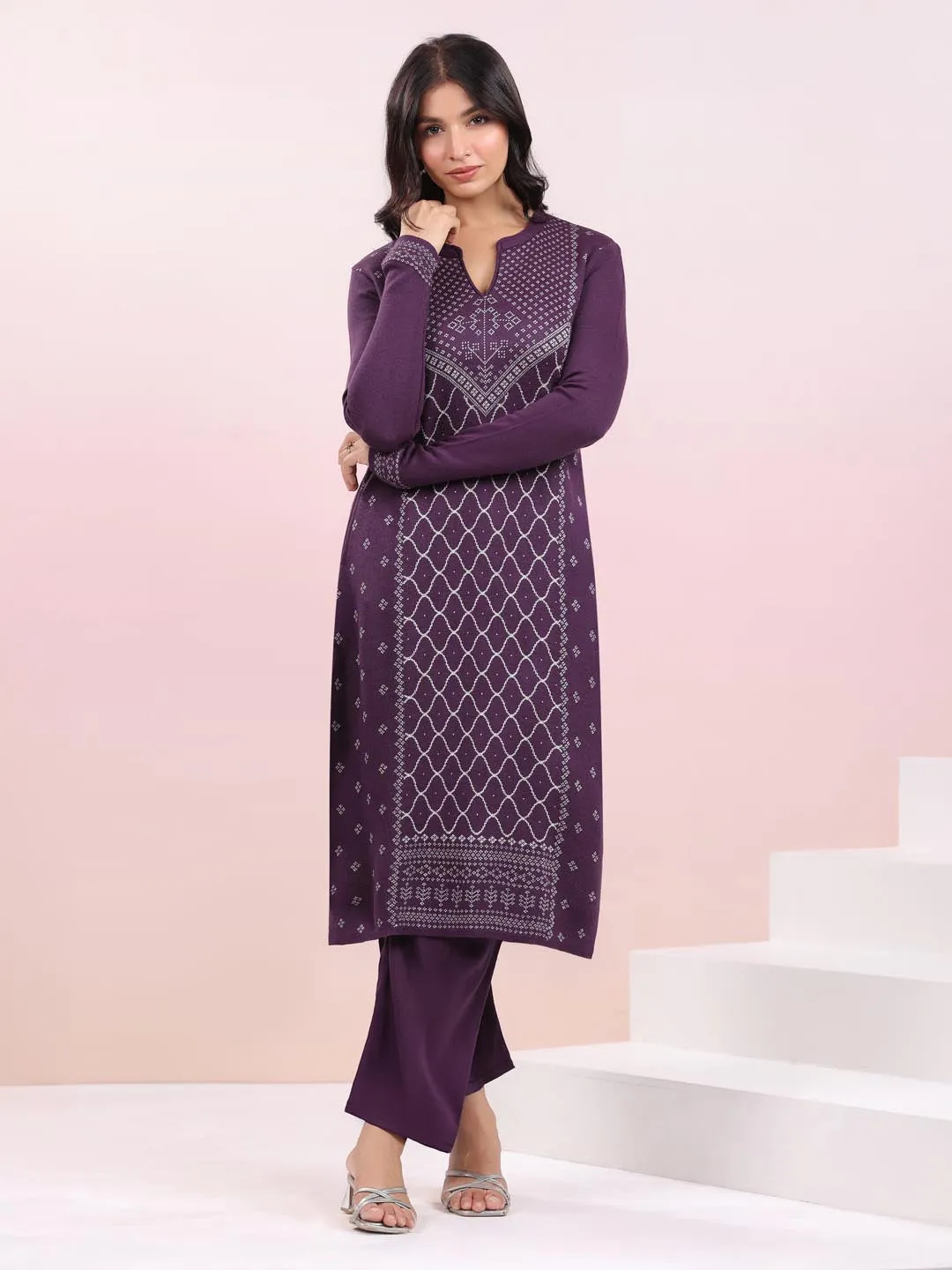 Purple Woolen Knitted Geometric Straight Winter Kurta Set