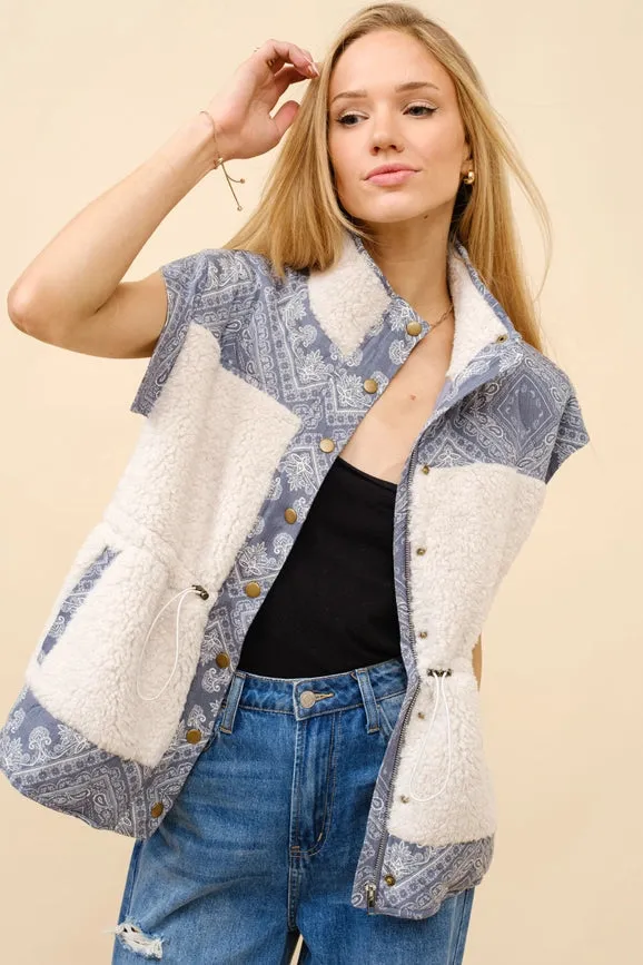 Quilted Paisley Faux Shearling Snap Up Vest