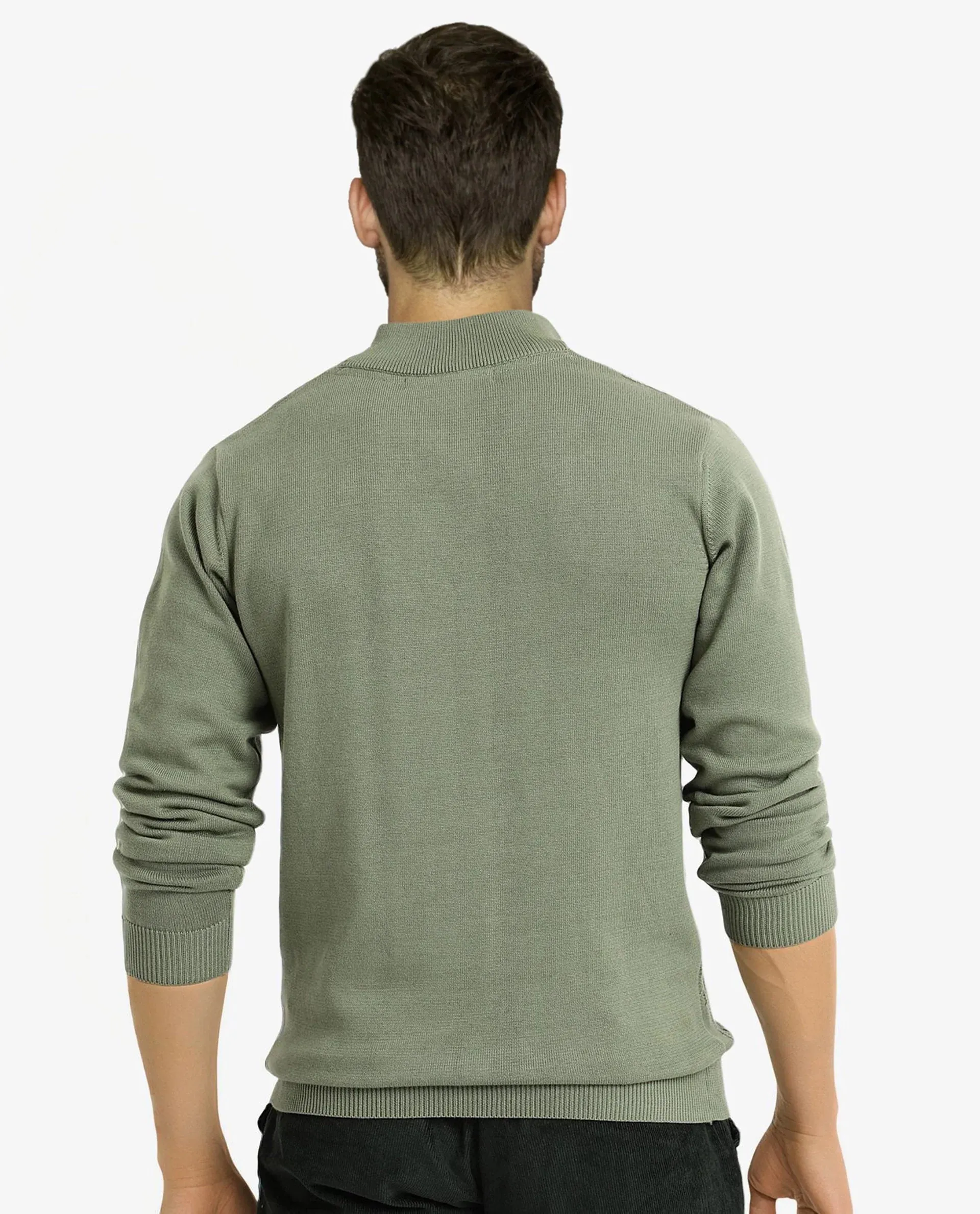 Rare Rabbit Men's Toyder Green Cotton Fabric Full Sleeve High Neck Zipper Closure Plain Sweater