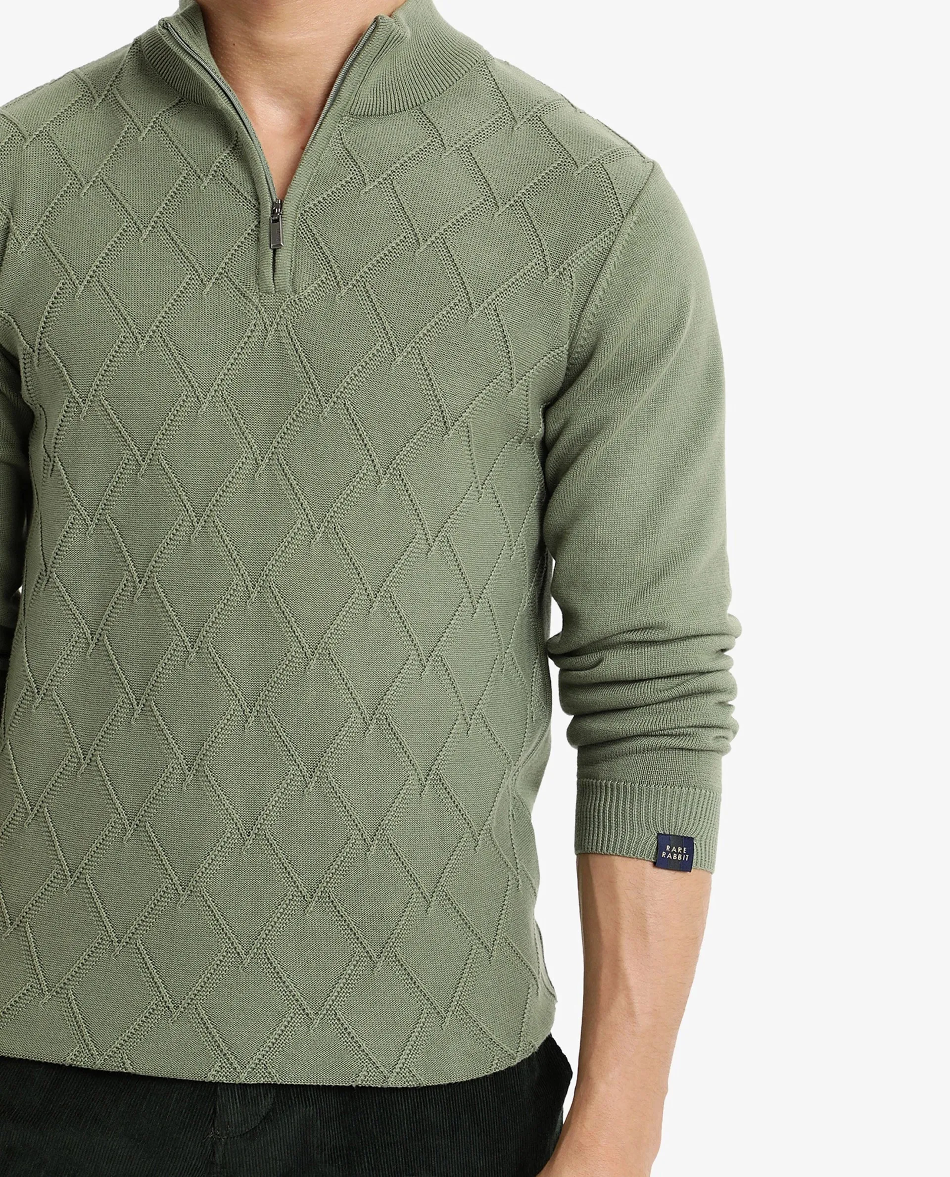 Rare Rabbit Men's Toyder Green Cotton Fabric Full Sleeve High Neck Zipper Closure Plain Sweater