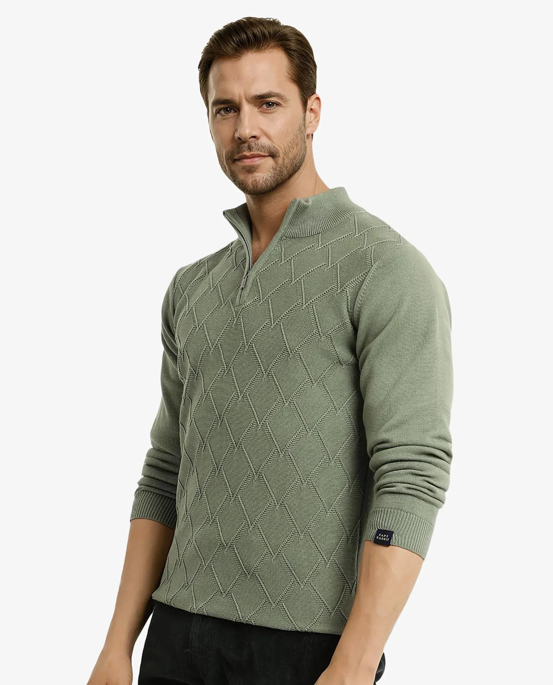 Rare Rabbit Men's Toyder Green Cotton Fabric Full Sleeve High Neck Zipper Closure Plain Sweater