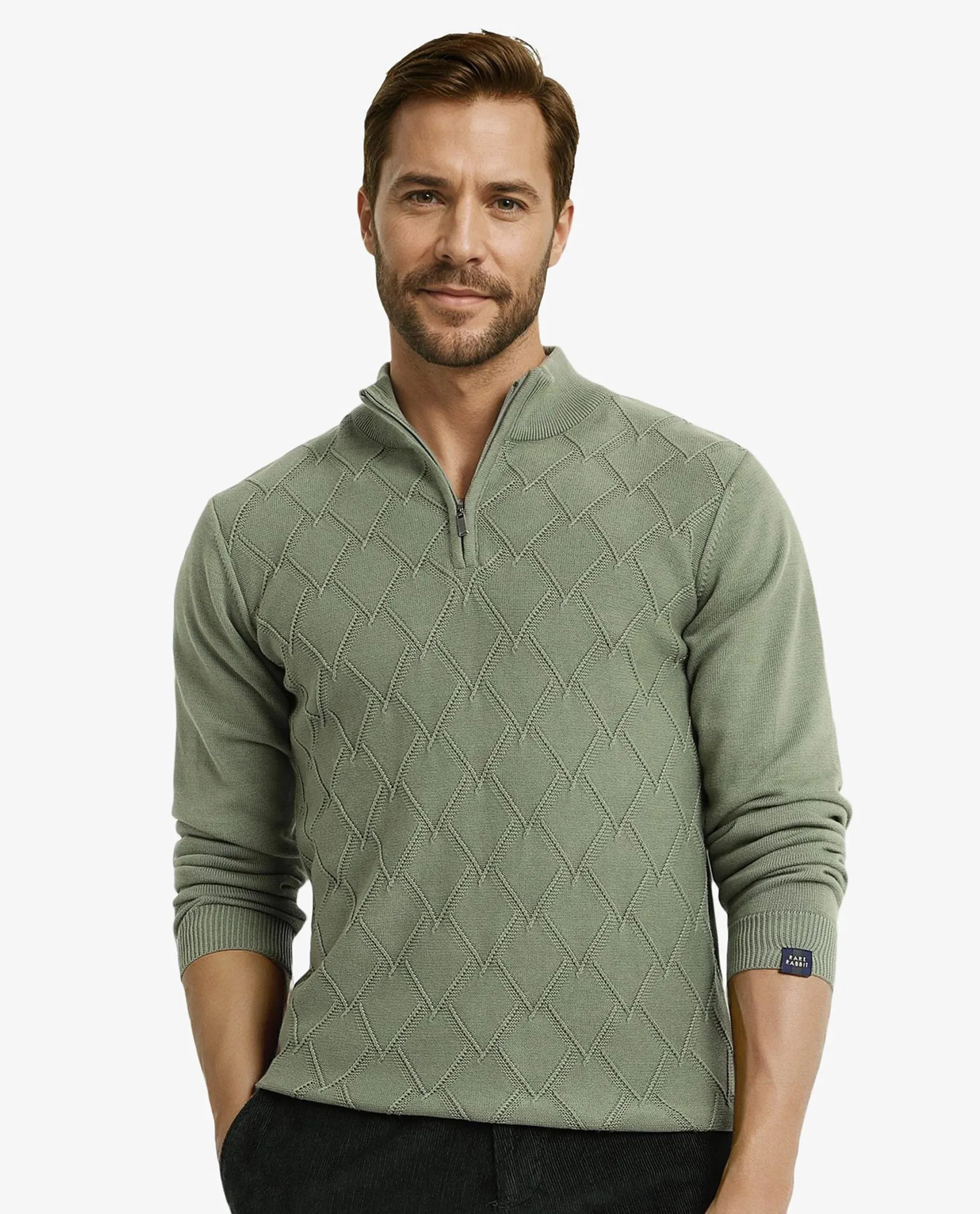 Rare Rabbit Men's Toyder Green Cotton Fabric Full Sleeve High Neck Zipper Closure Plain Sweater