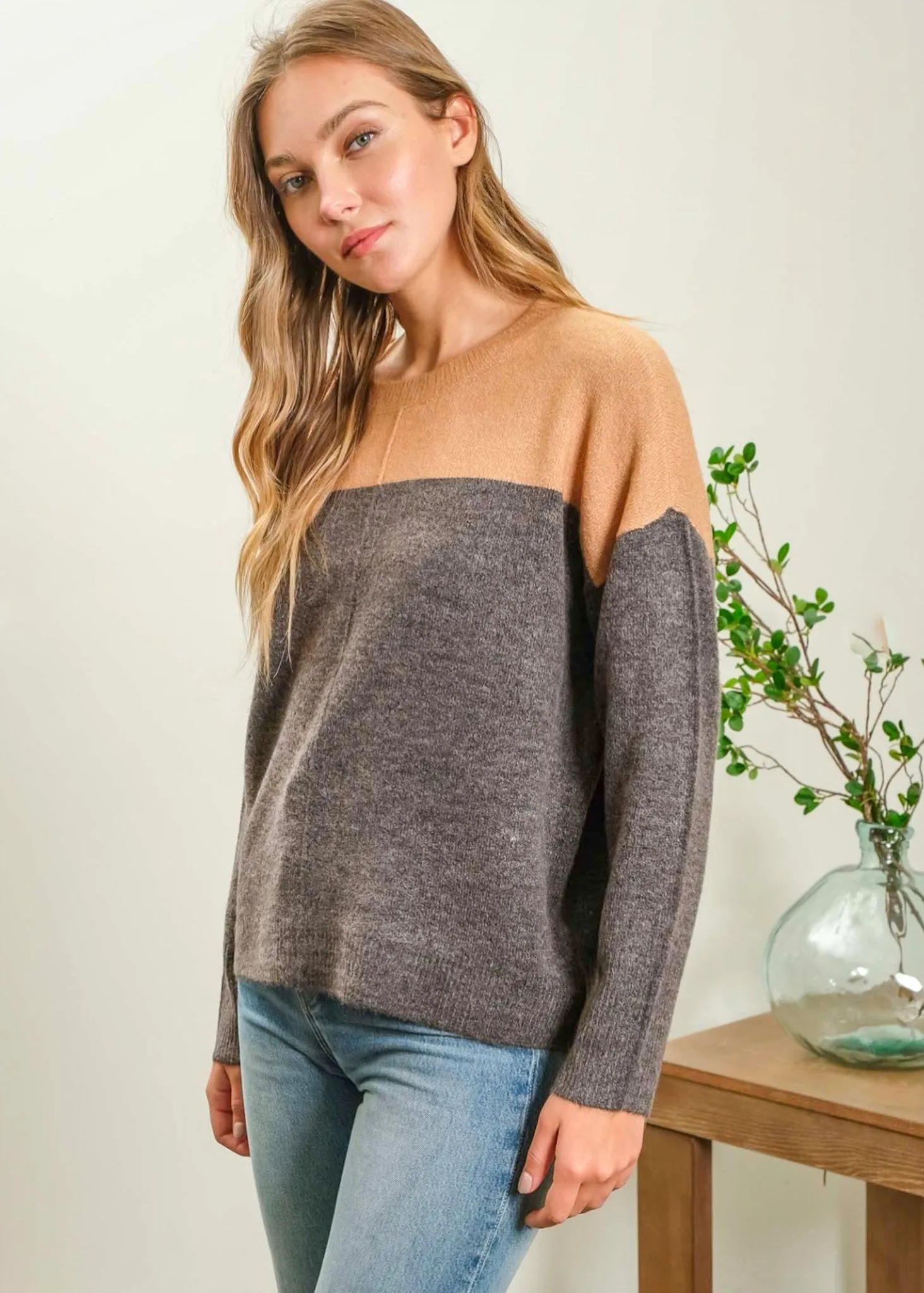 Ridge, Womens Pullover Sweater, 2 Tone Color Block In Beige/Hunter or Tan/Charcoal