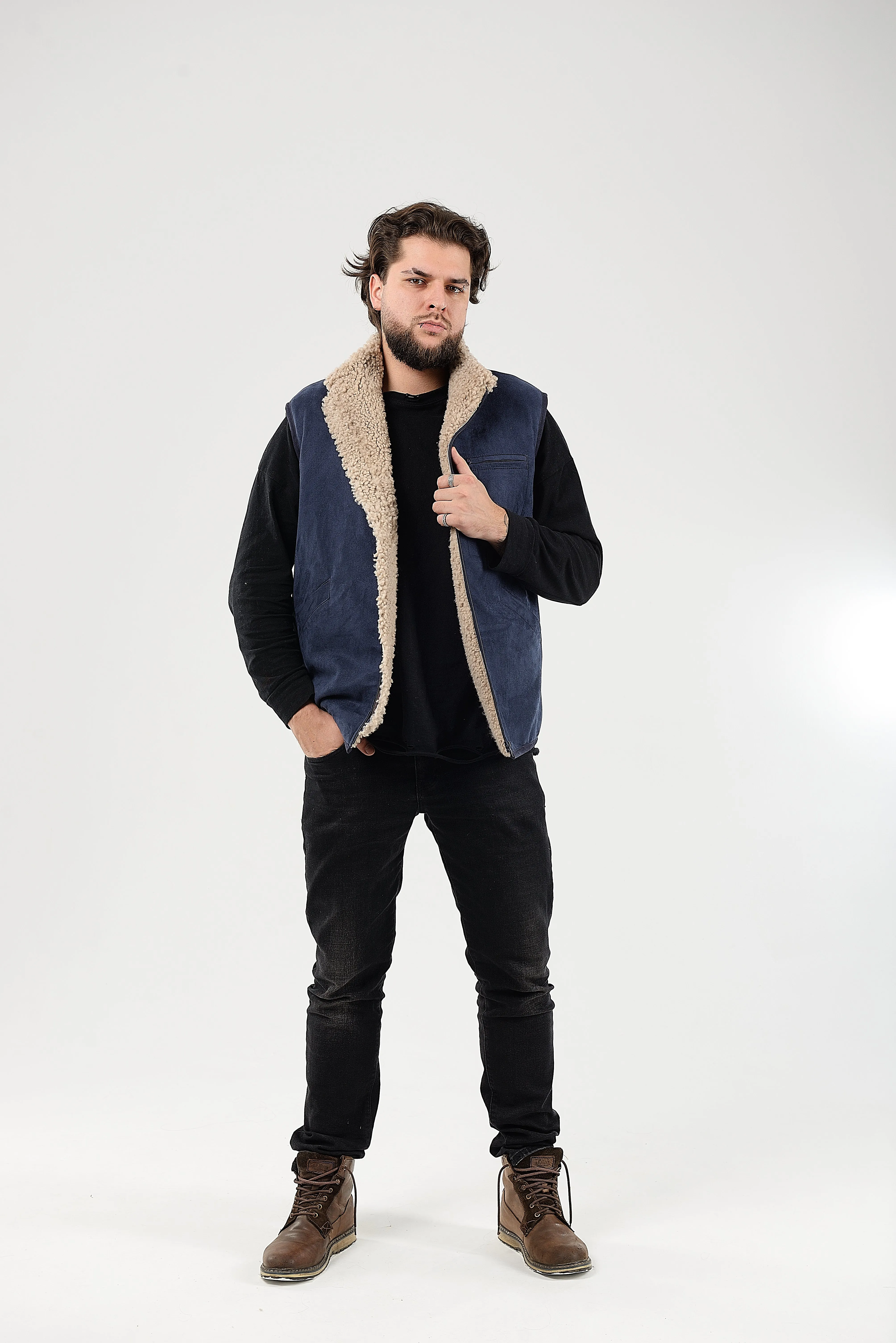 Shearling Sheepskin Vest Mens Blue With Wide Open Side Pockets