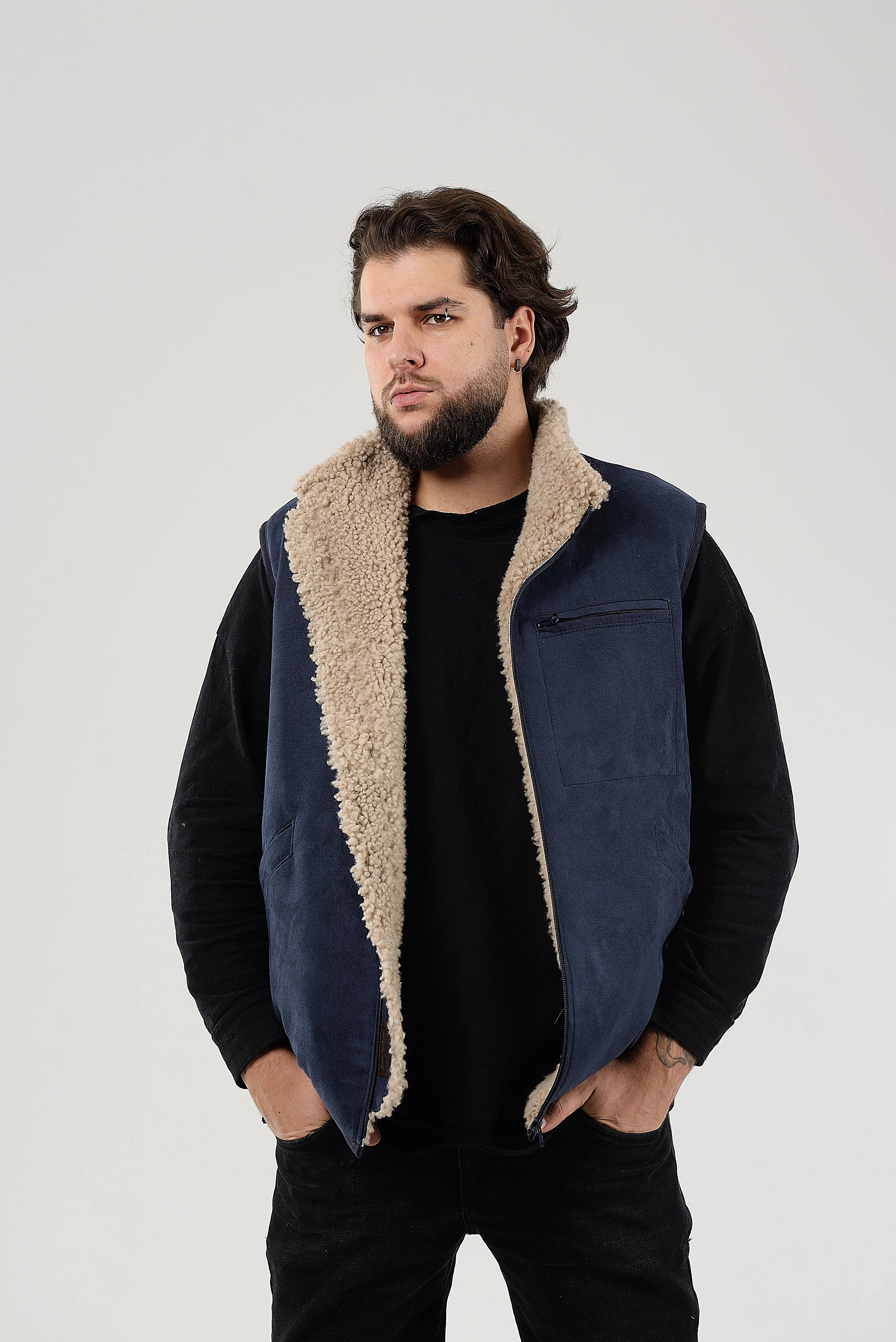 Shearling Sheepskin Vest Mens Blue With Wide Open Side Pockets