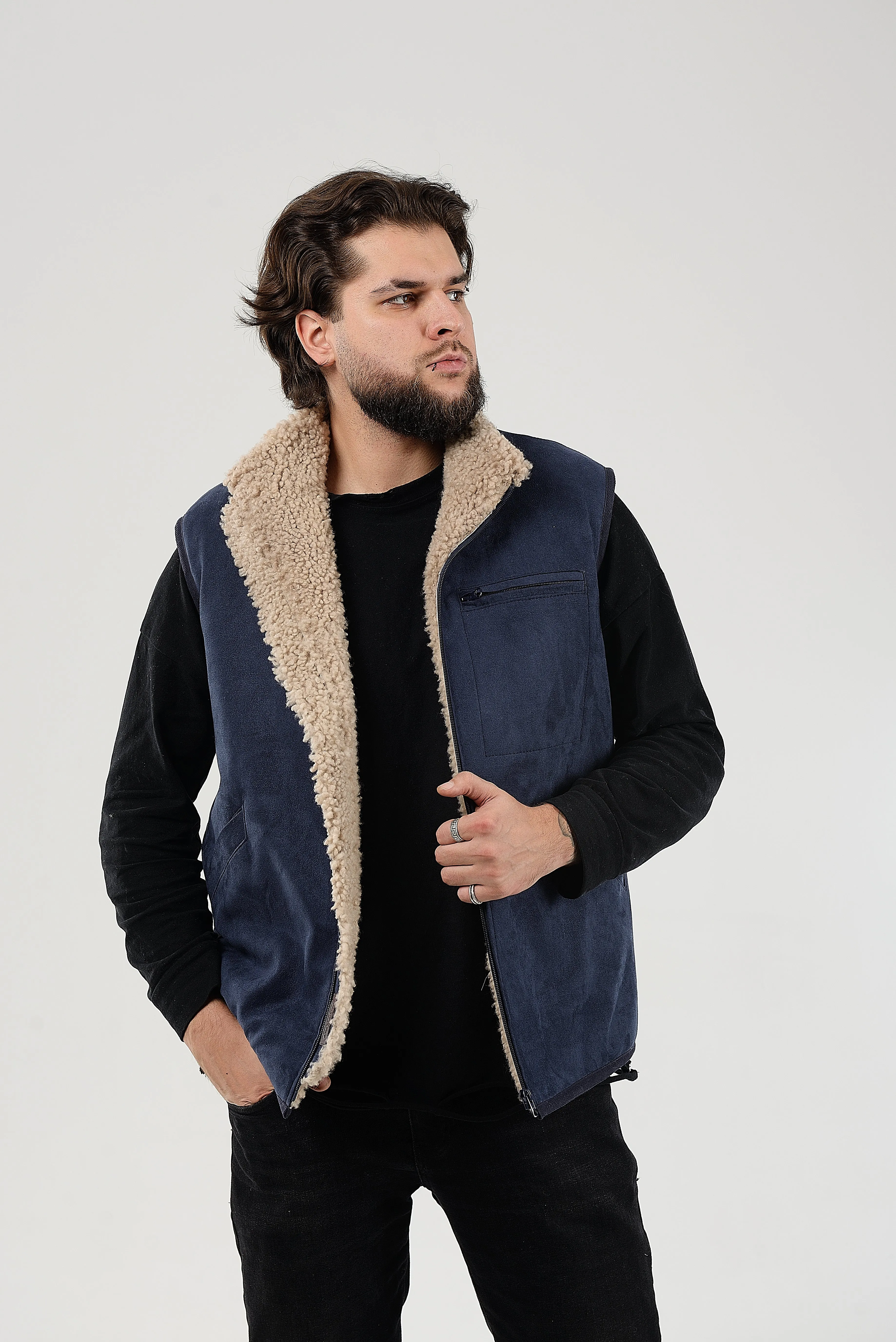 Shearling Sheepskin Vest Mens Blue With Wide Open Side Pockets