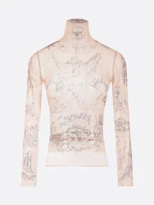 Tattoo Print Mesh Turtleneck Top