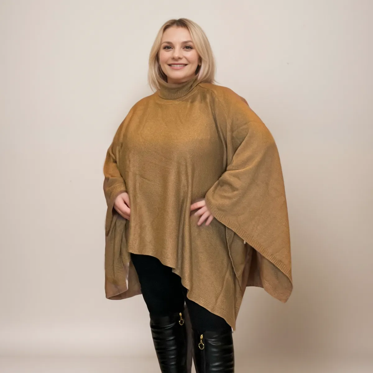 TAUPE POLO NECK KNITTED PONCHO