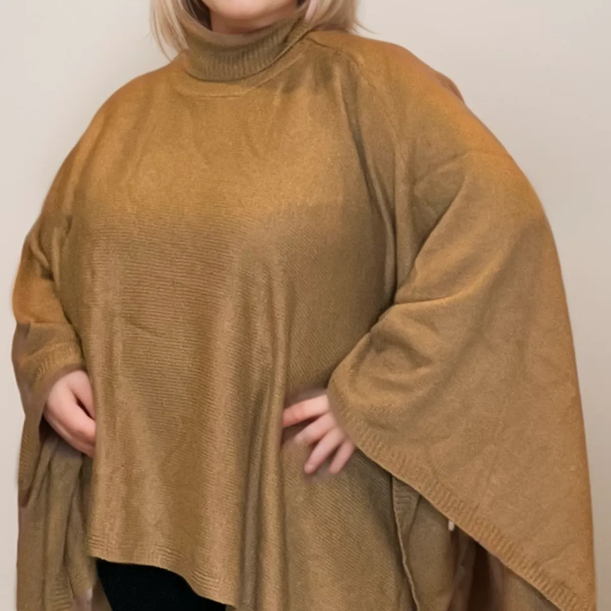 TAUPE POLO NECK KNITTED PONCHO