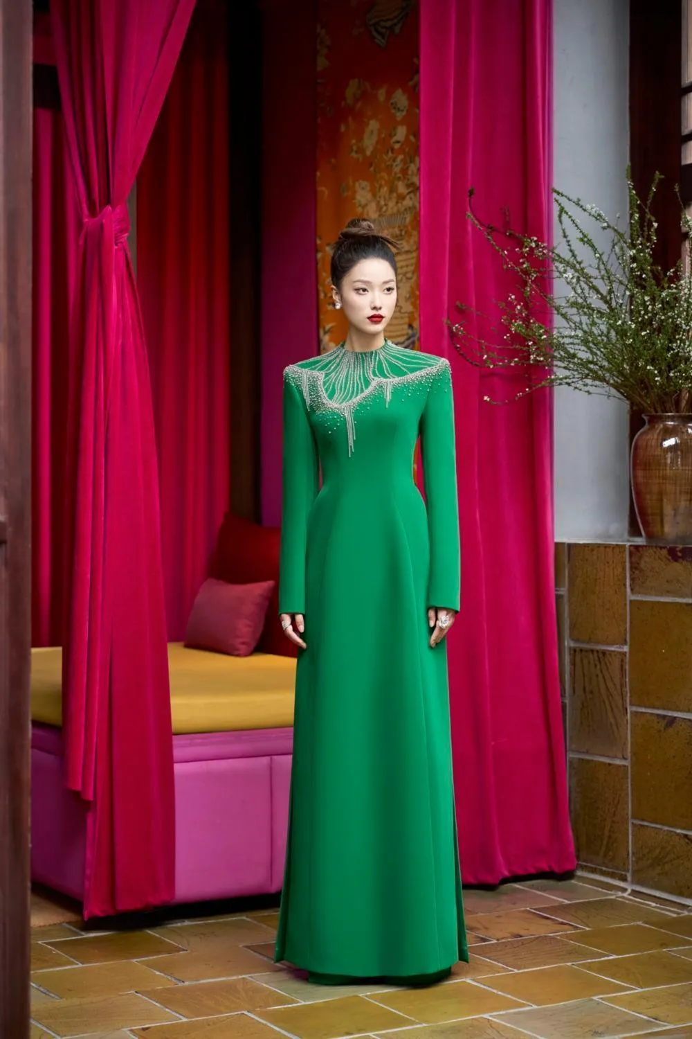 Textur A-line Stone Velvet Satin Floor Length Ao Dai