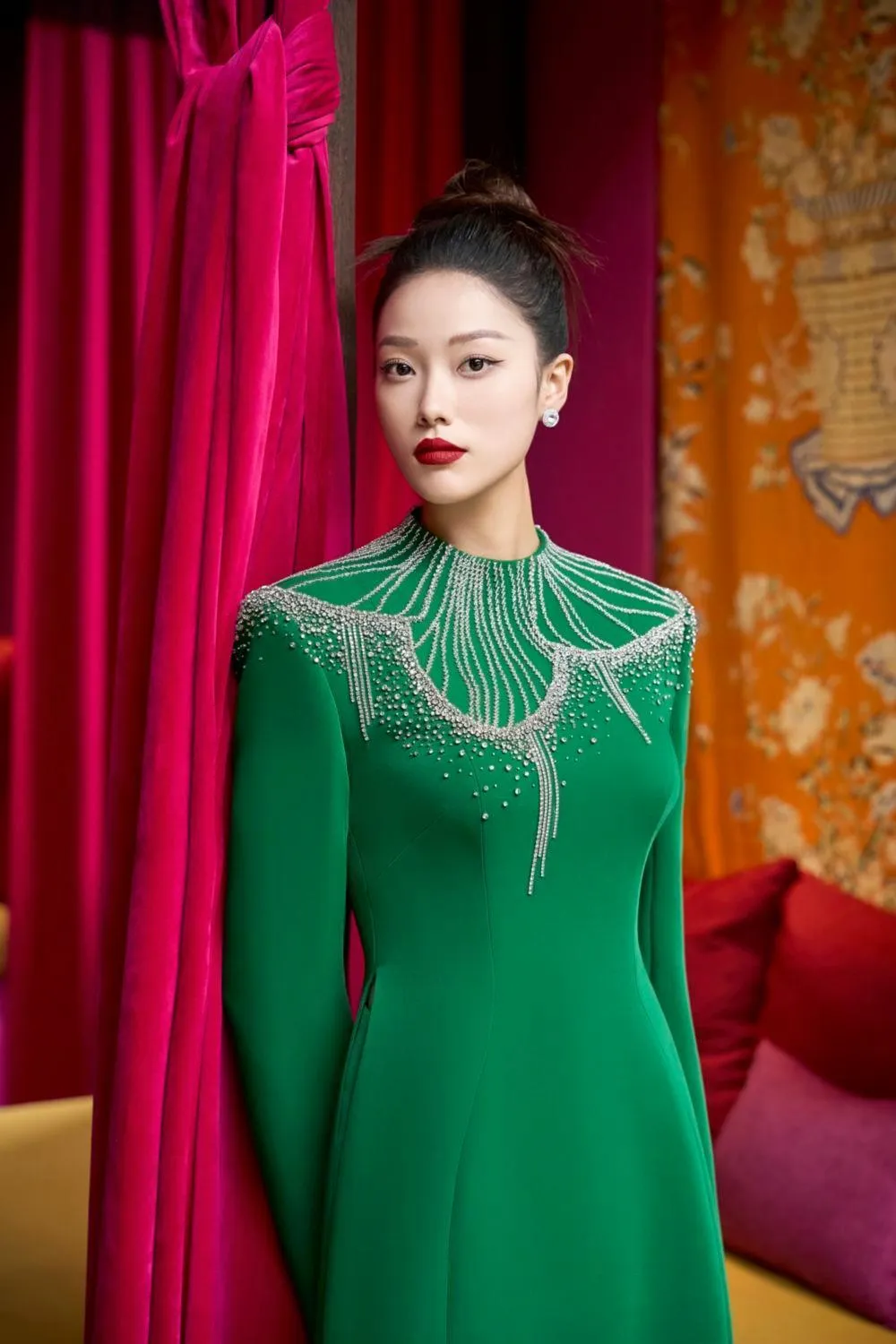 Textur A-line Stone Velvet Satin Floor Length Ao Dai