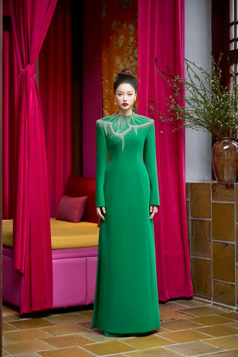 Textur A-line Stone Velvet Satin Floor Length Ao Dai