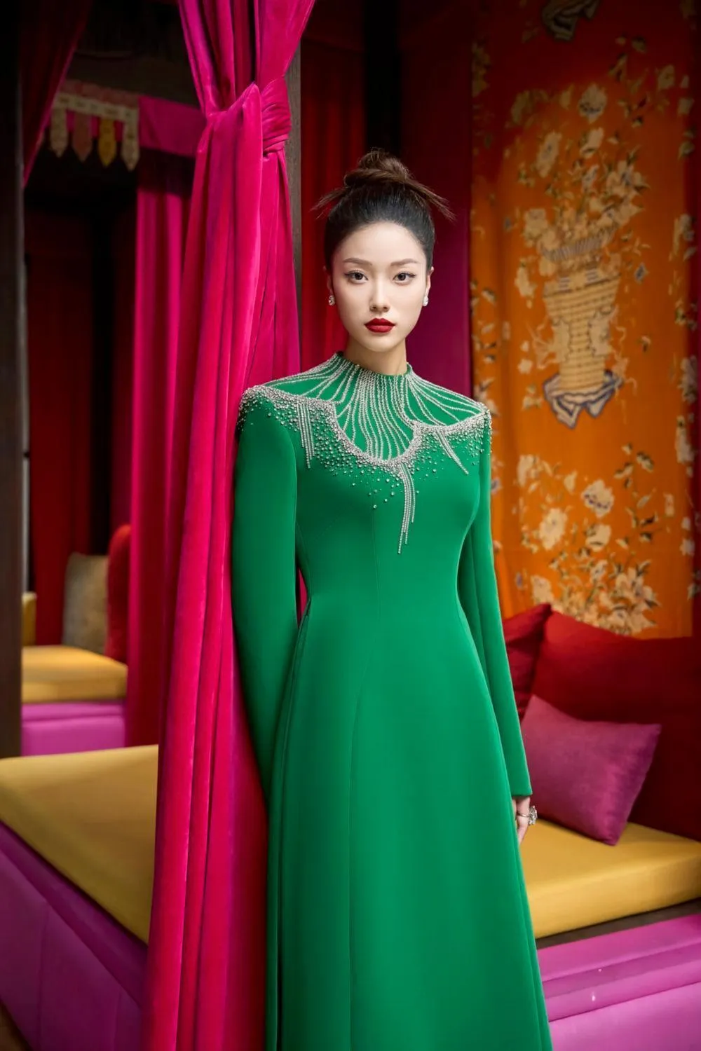 Textur A-line Stone Velvet Satin Floor Length Ao Dai