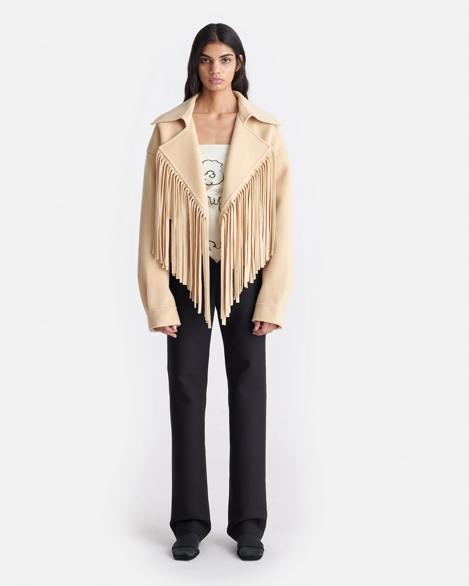 Ticia - Fringed Double Wool Jacket - Creme