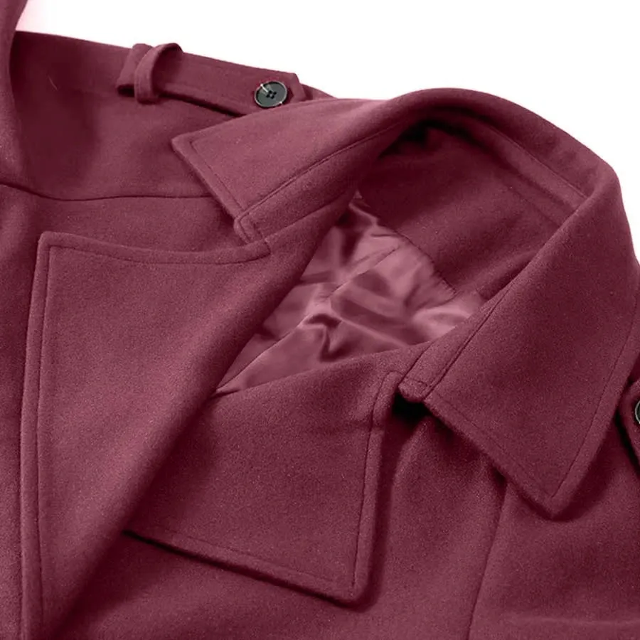 Trendy Faux Wool Burgundy Trench Coat