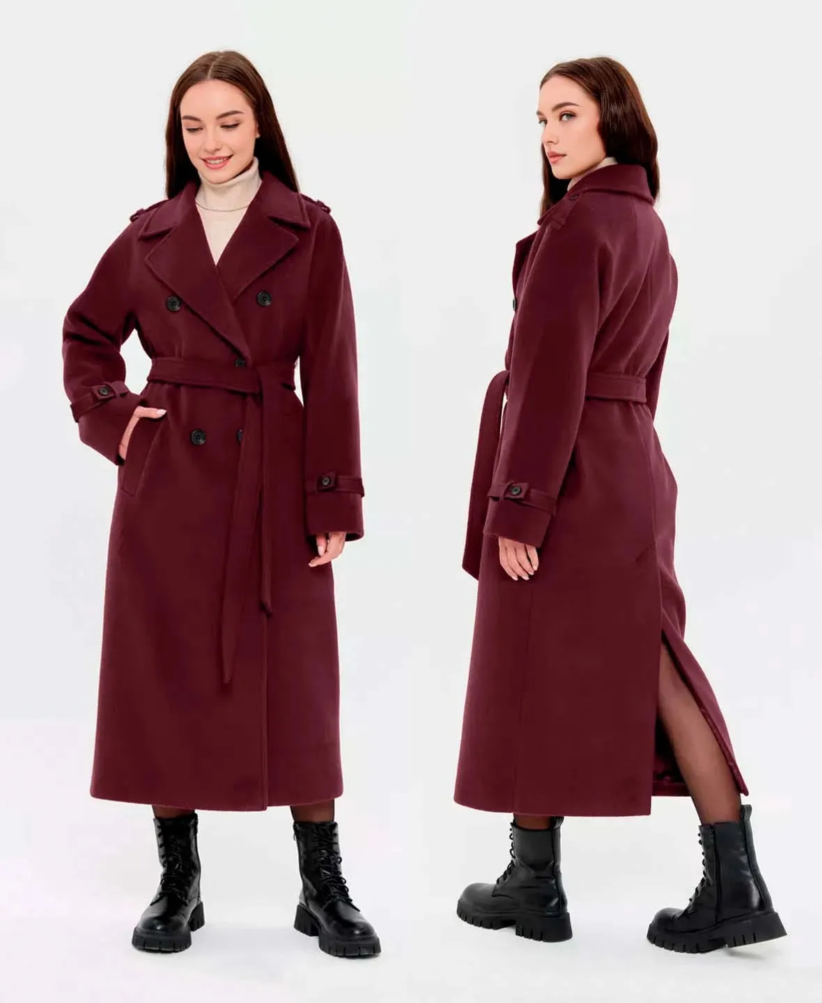 Trendy Faux Wool Burgundy Trench Coat