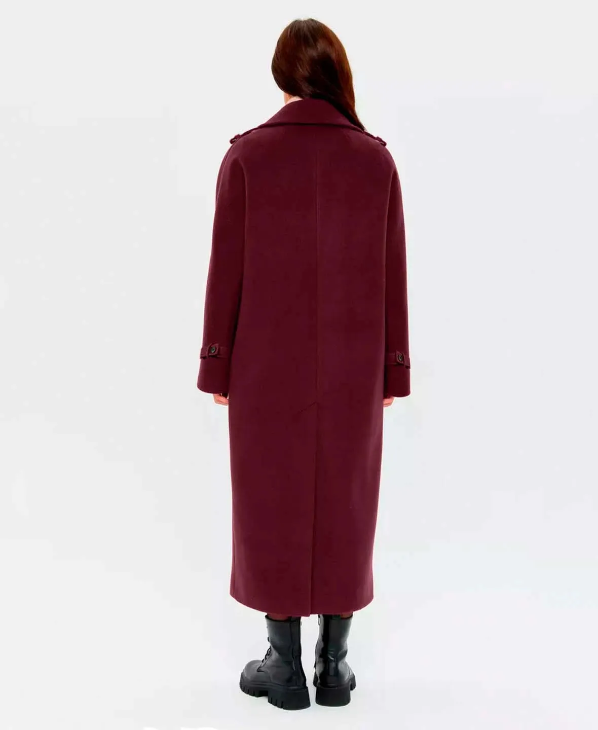 Trendy Faux Wool Burgundy Trench Coat