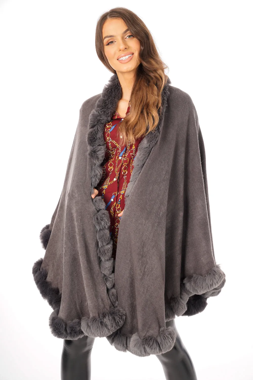 Ultra Soft Faux Fur Trim Swing Poncho Cape