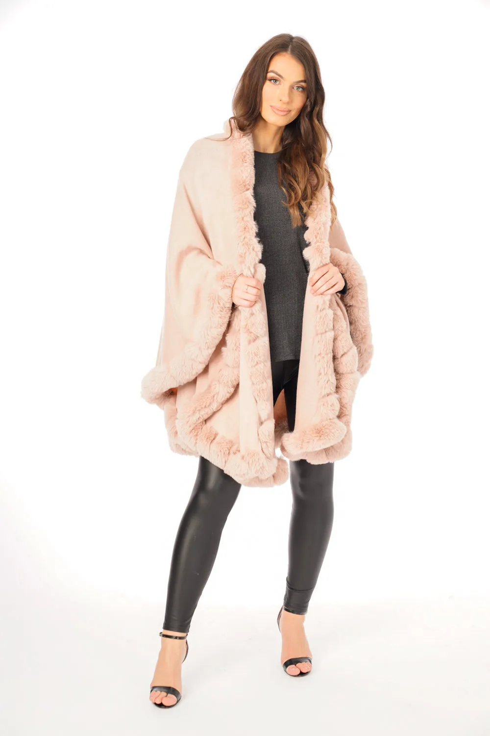 Ultra Soft Faux Fur Trim Swing Poncho Cape