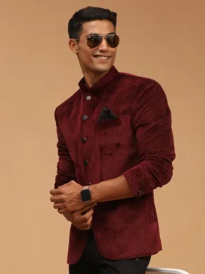 Vastramay Men's Maroon Polka Dot Printed Velvet Jodhpuri