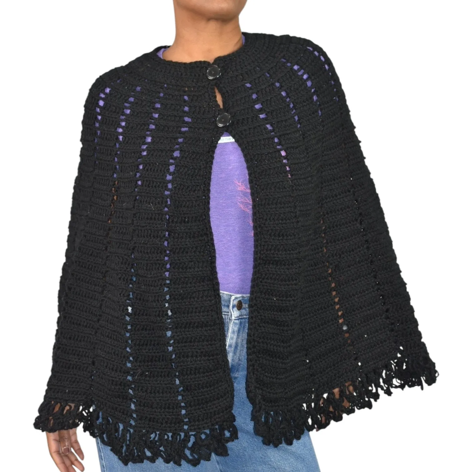 Vintage Crochet Knit Cape Black Sweater Fringe Button Poncho Granny Homemade Knitted Shawl Retro One Size