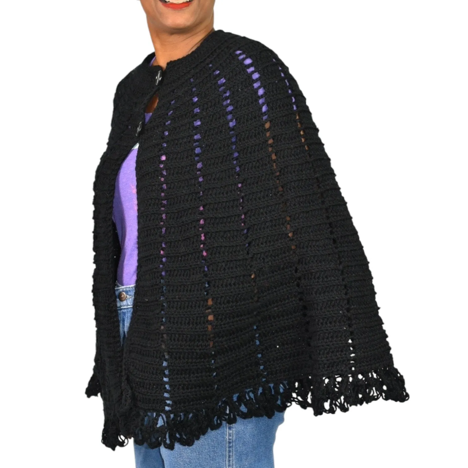 Vintage Crochet Knit Cape Black Sweater Fringe Button Poncho Granny Homemade Knitted Shawl Retro One Size