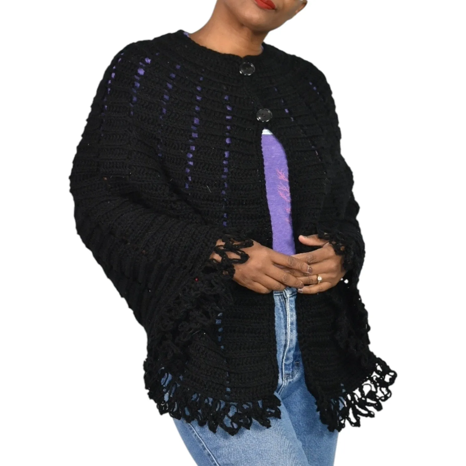 Vintage Crochet Knit Cape Black Sweater Fringe Button Poncho Granny Homemade Knitted Shawl Retro One Size