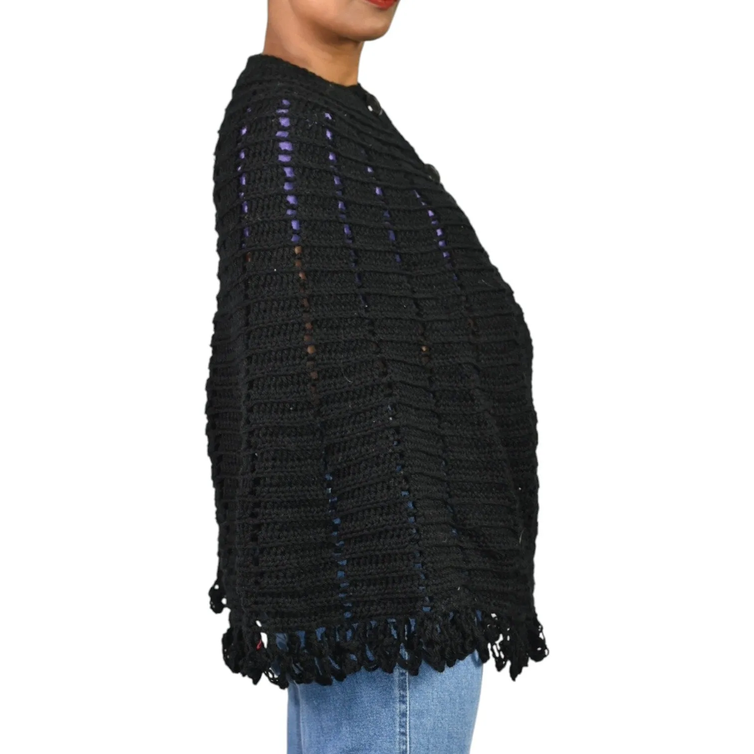 Vintage Crochet Knit Cape Black Sweater Fringe Button Poncho Granny Homemade Knitted Shawl Retro One Size