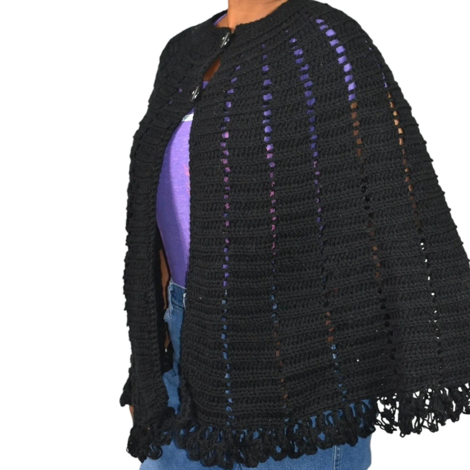 Vintage Crochet Knit Cape Black Sweater Fringe Button Poncho Granny Homemade Knitted Shawl Retro One Size