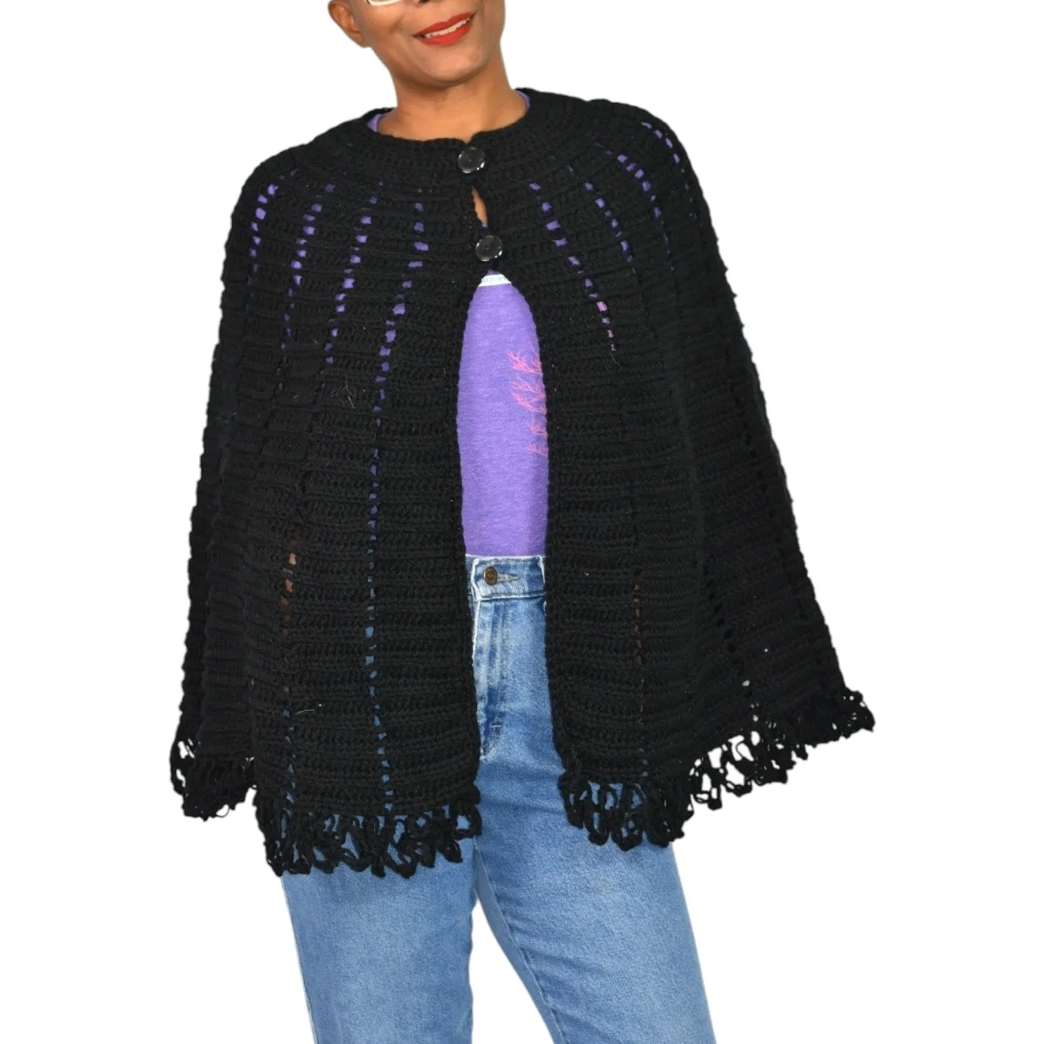 Vintage Crochet Knit Cape Black Sweater Fringe Button Poncho Granny Homemade Knitted Shawl Retro One Size