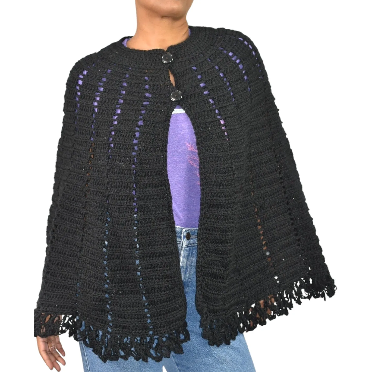 Vintage Crochet Knit Cape Black Sweater Fringe Button Poncho Granny Homemade Knitted Shawl Retro One Size