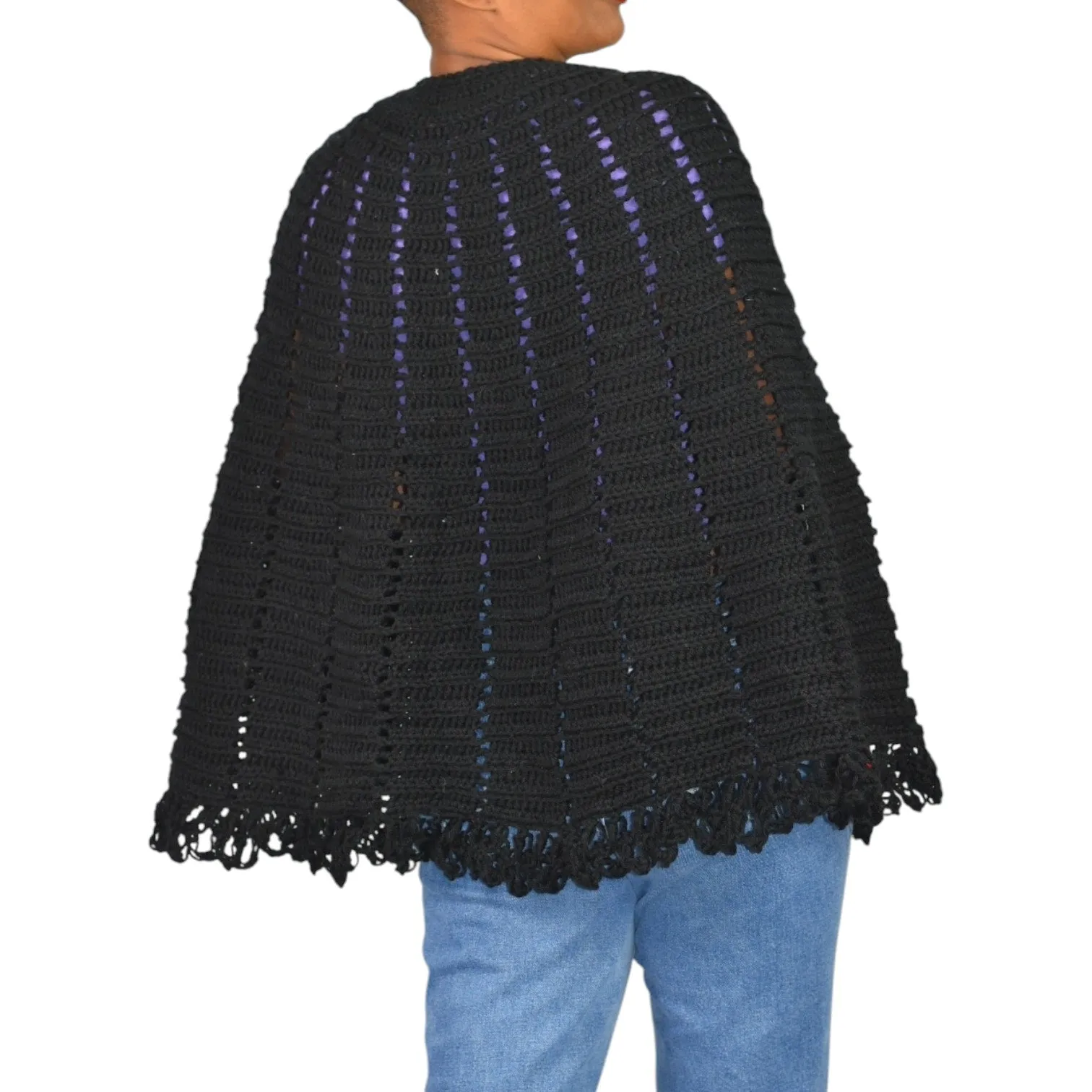 Vintage Crochet Knit Cape Black Sweater Fringe Button Poncho Granny Homemade Knitted Shawl Retro One Size