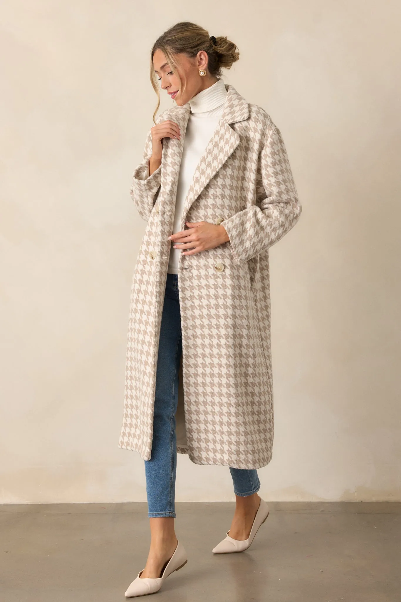 Watching The Wind Beige Houndstooth Trench Coat