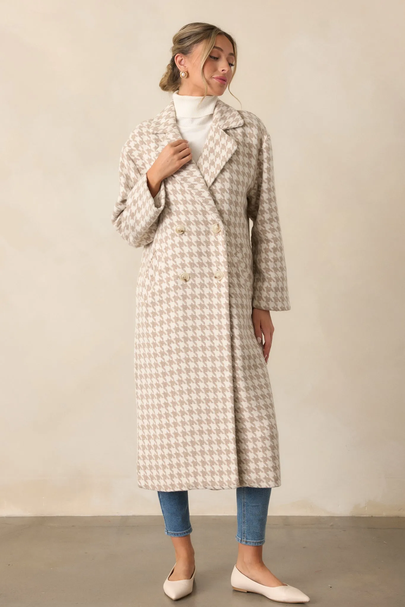 Watching The Wind Beige Houndstooth Trench Coat