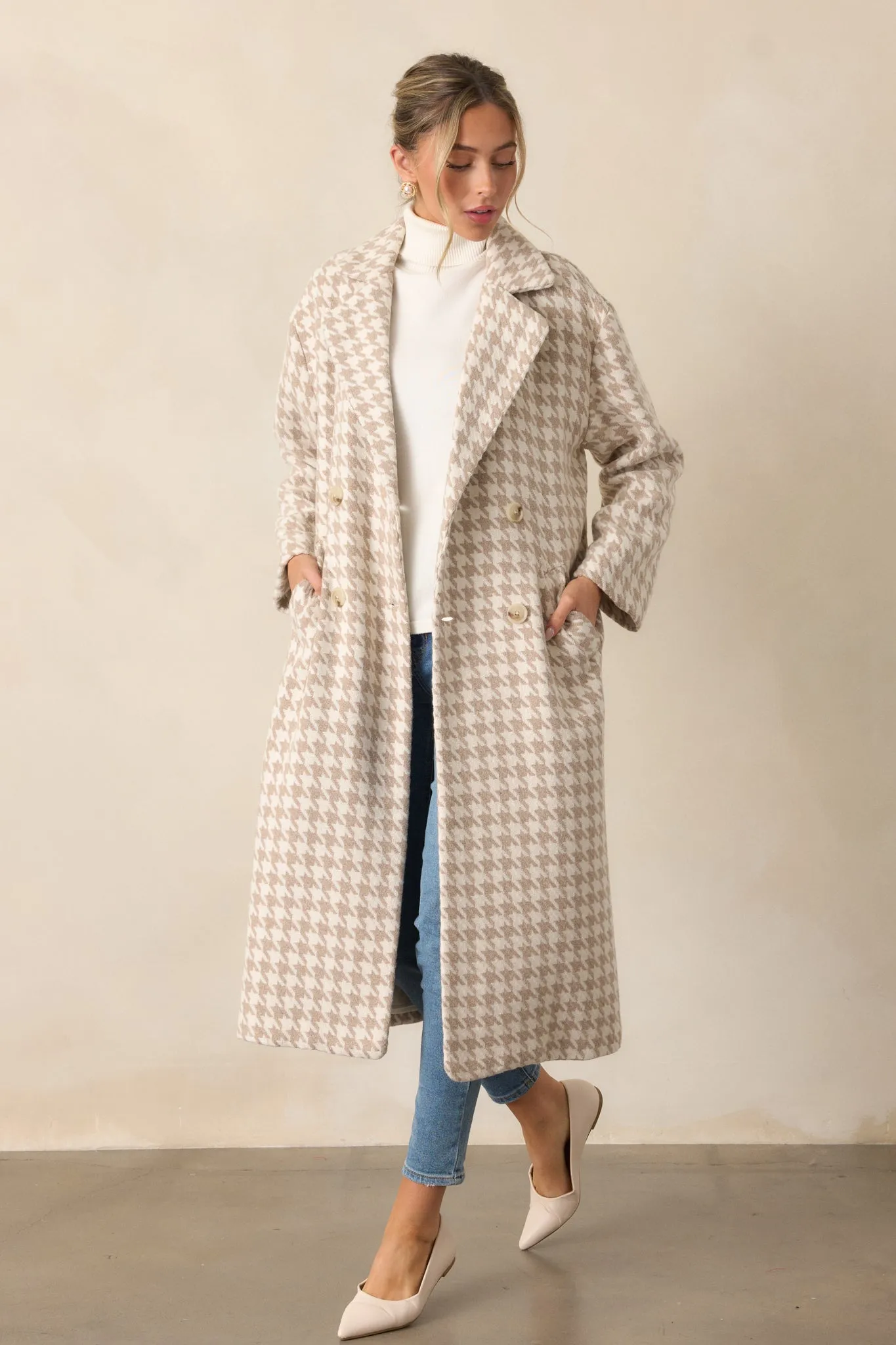 Watching The Wind Beige Houndstooth Trench Coat