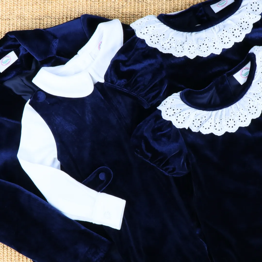 White Eyelet Ruffle Navy Blue Velvet Dress