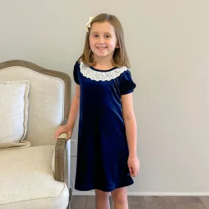 White Eyelet Ruffle Navy Blue Velvet Dress