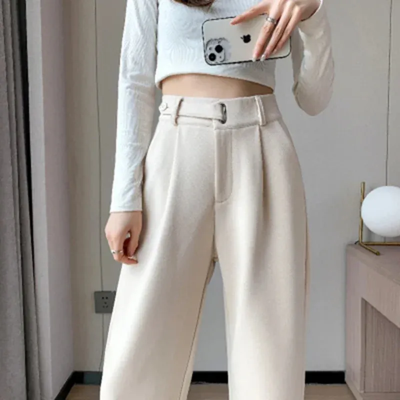 Winter Wool Wide Leg Pants Women Streetwear High Waist Suit Straight Pants Korean Thick Black Baggy Woolen Full Trousers