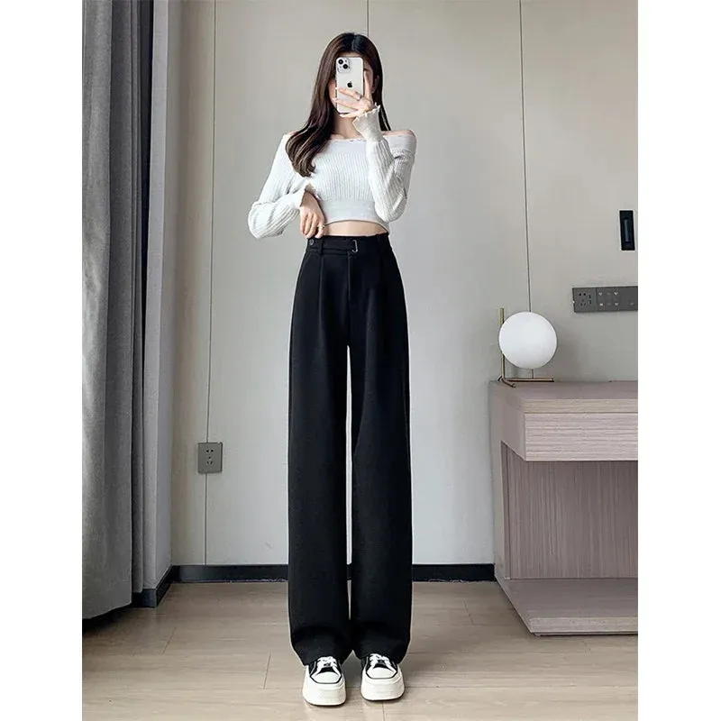 Winter Wool Wide Leg Pants Women Streetwear High Waist Suit Straight Pants Korean Thick Black Baggy Woolen Full Trousers