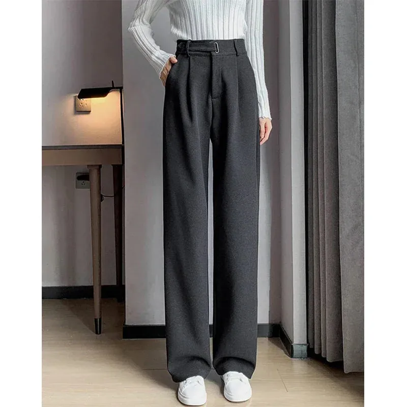 Winter Wool Wide Leg Pants Women Streetwear High Waist Suit Straight Pants Korean Thick Black Baggy Woolen Full Trousers