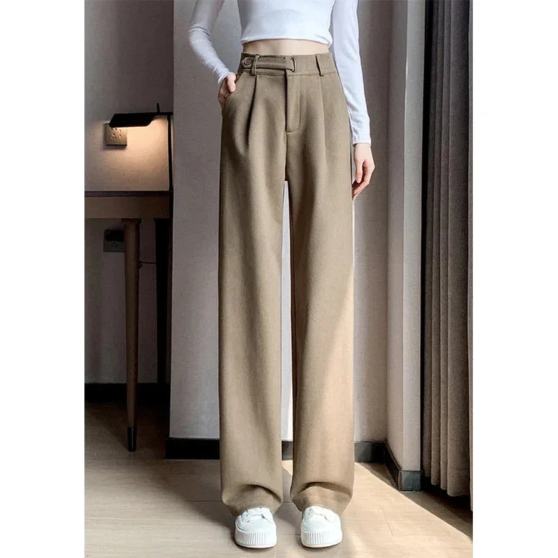 Winter Wool Wide Leg Pants Women Streetwear High Waist Suit Straight Pants Korean Thick Black Baggy Woolen Full Trousers