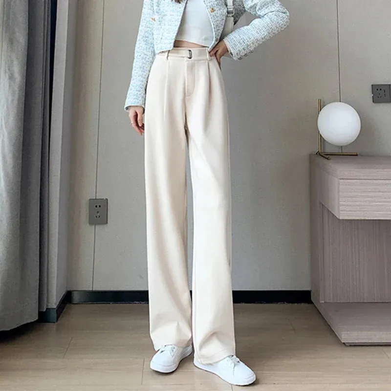 Winter Wool Wide Leg Pants Women Streetwear High Waist Suit Straight Pants Korean Thick Black Baggy Woolen Full Trousers