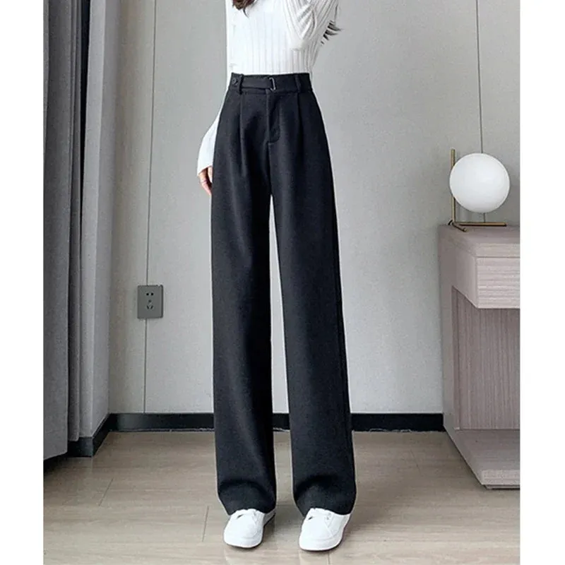 Winter Wool Wide Leg Pants Women Streetwear High Waist Suit Straight Pants Korean Thick Black Baggy Woolen Full Trousers