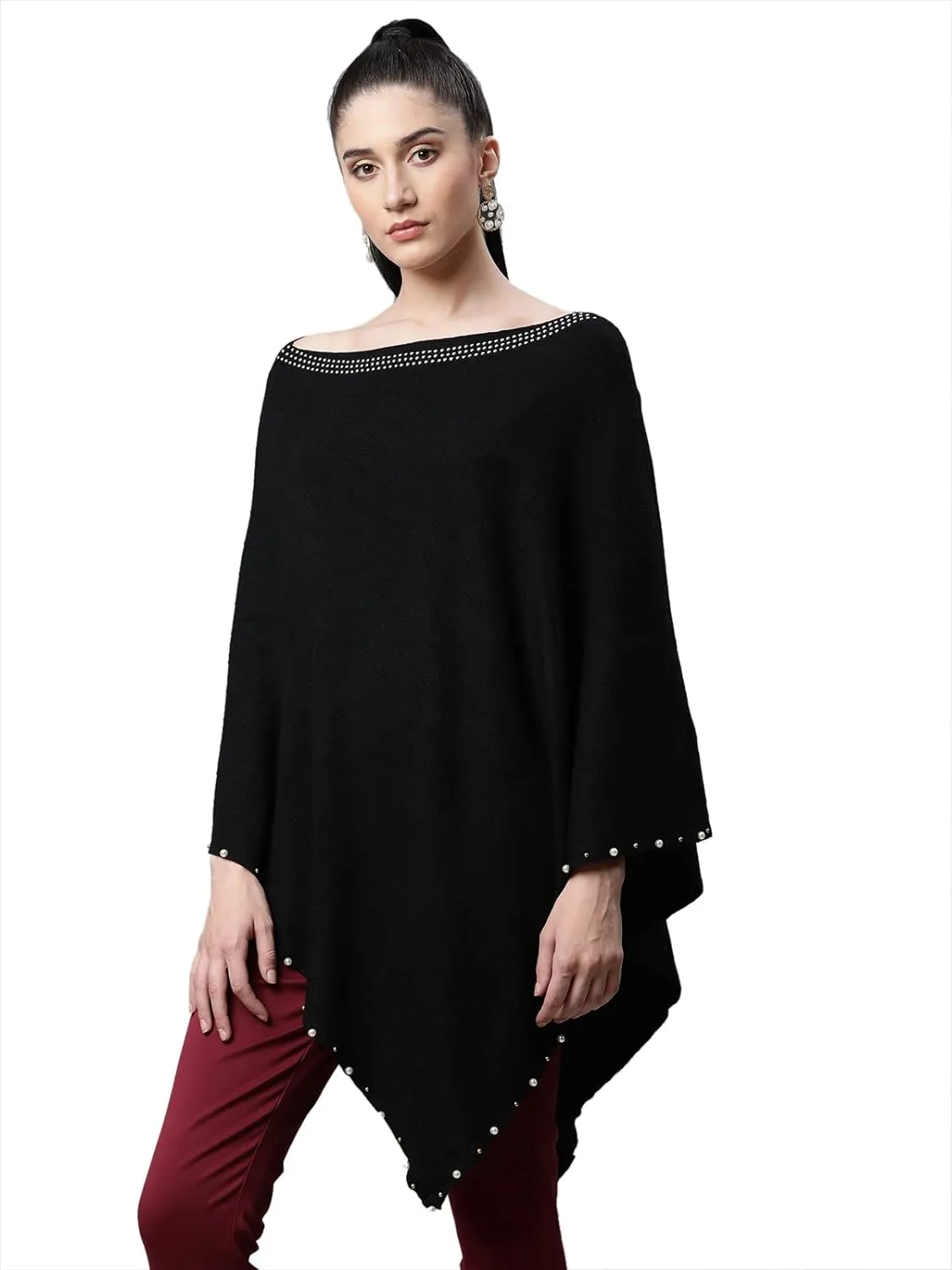 Women Solid Black One Shoulder Woolen Loose Fit Casual Poncho