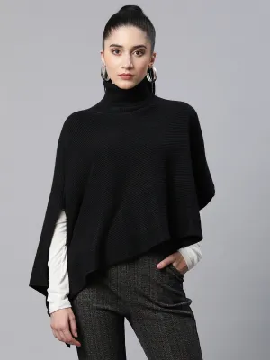 Women Solid Black Turtle Neck Woolen Loose Fit Casual Poncho