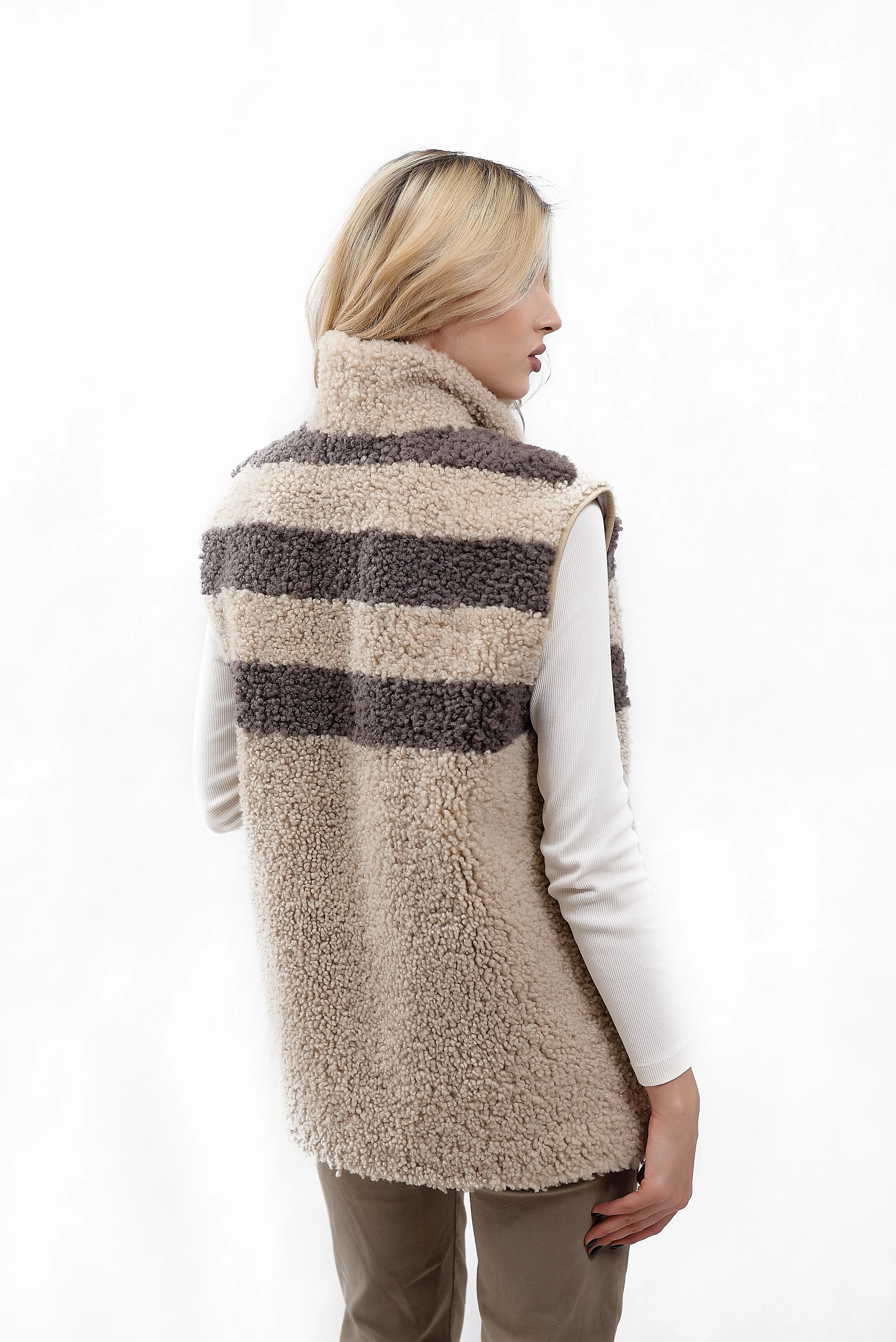 Womens Long Shearling Teddy Sheepskin Vest with Shawl Collar and Abstract Pattern