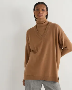 Women's Longline V Neck Cashmere Jumper Dark Camel Brown