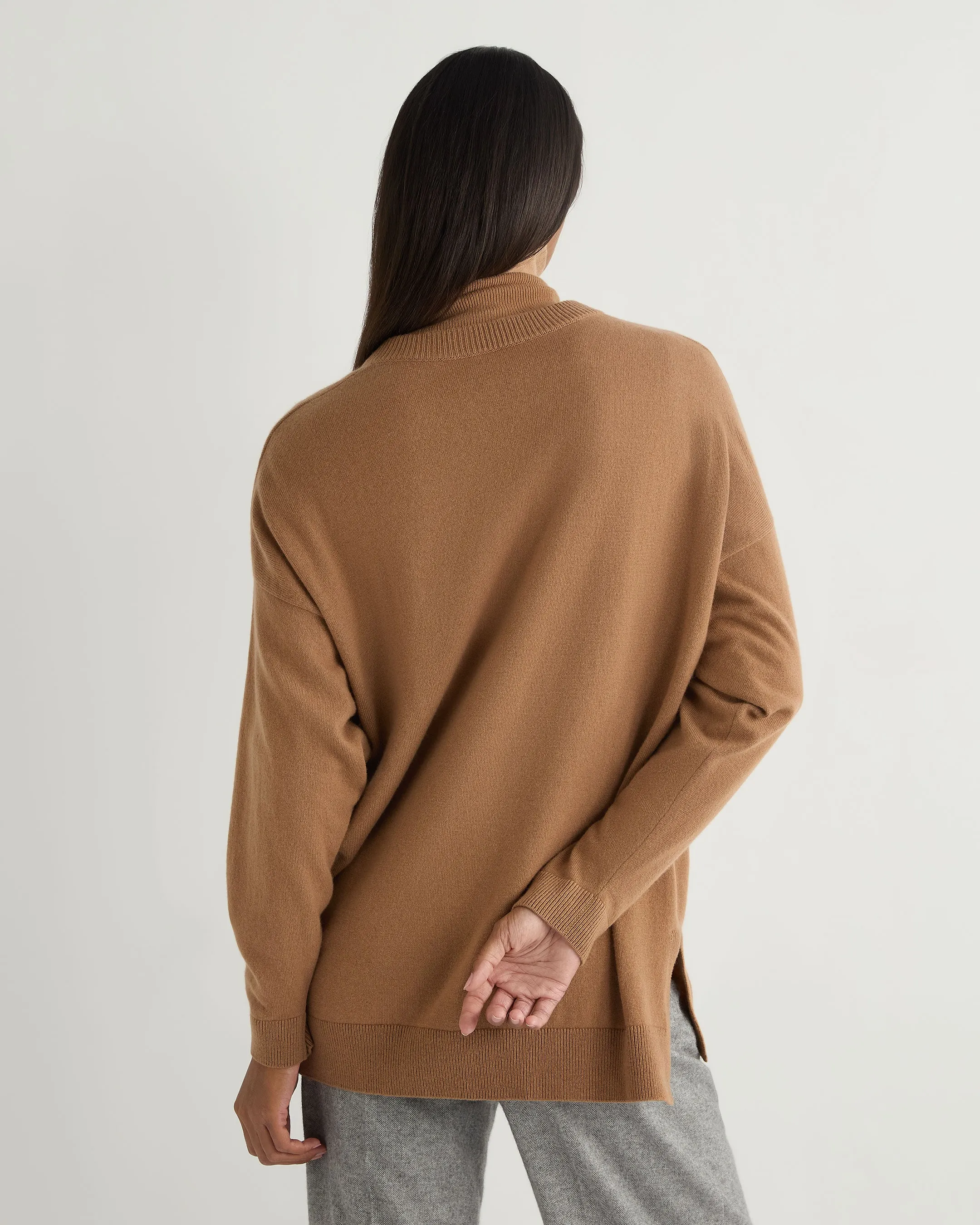 Women's Longline V Neck Cashmere Jumper Dark Camel Brown