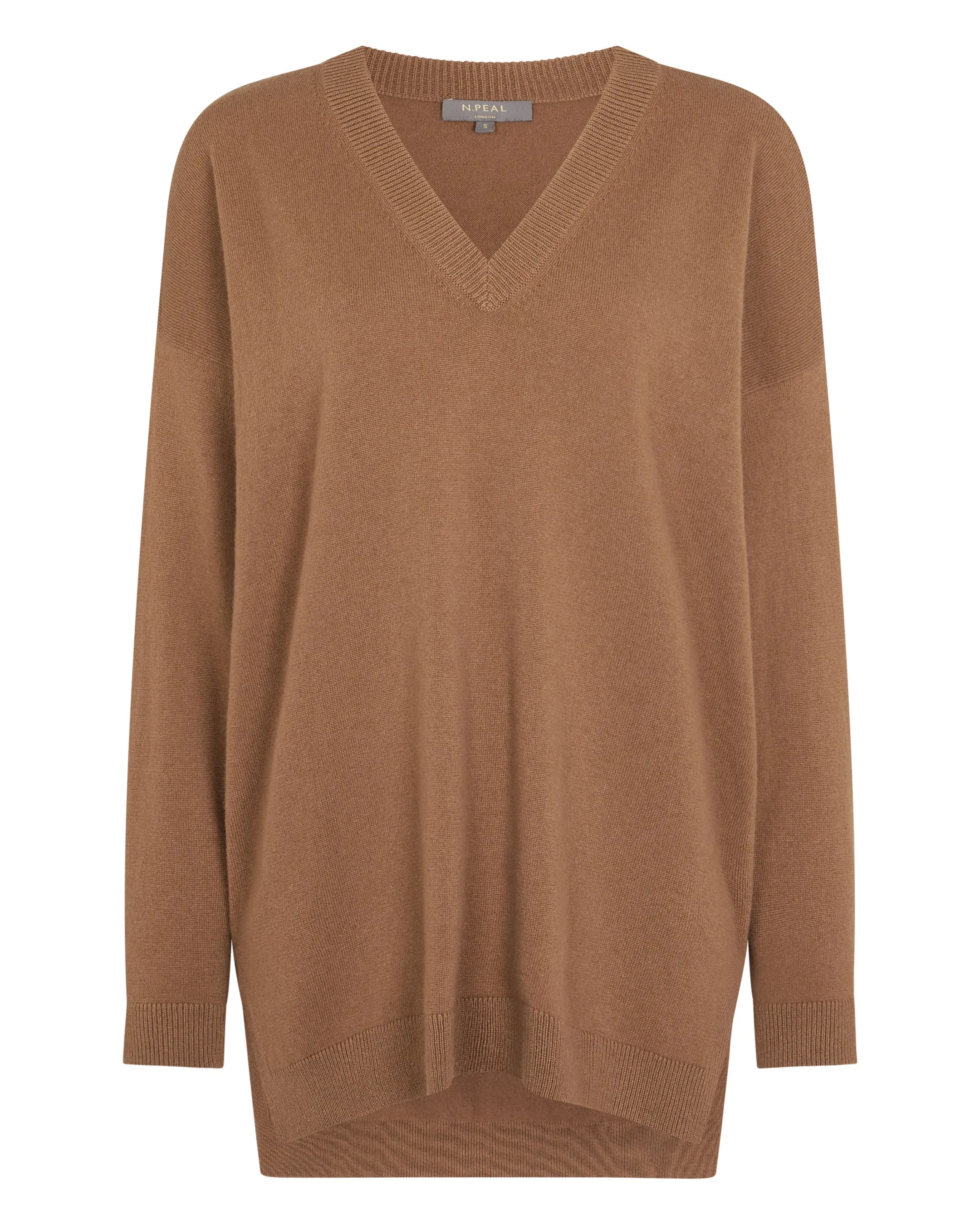 Women's Longline V Neck Cashmere Jumper Dark Camel Brown