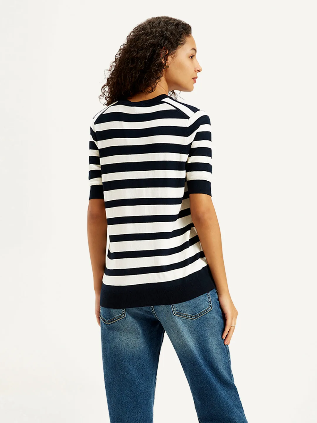 Women's Striped Black Crew Neck Sweater